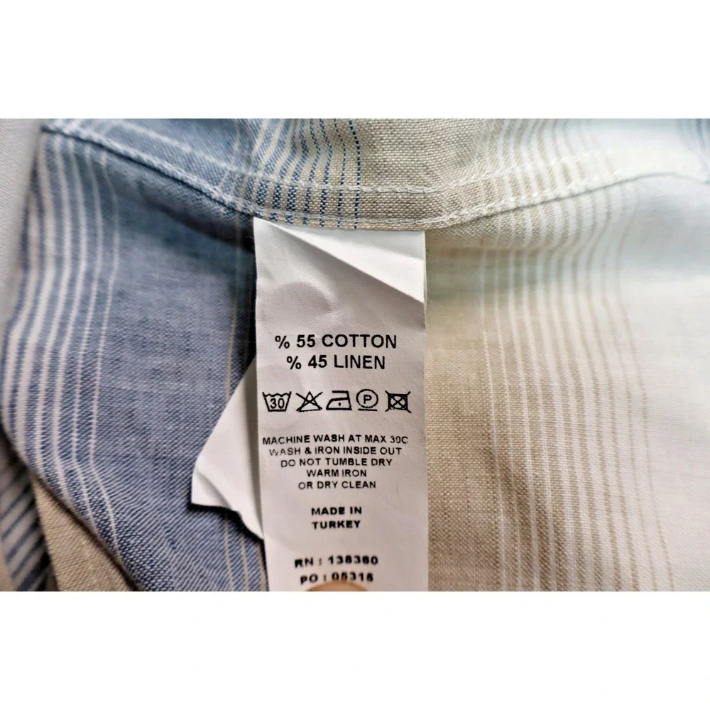 32 Bar Blue Linen Blend Shirt Long Sleeve Button Front Size XL Blue White Brown